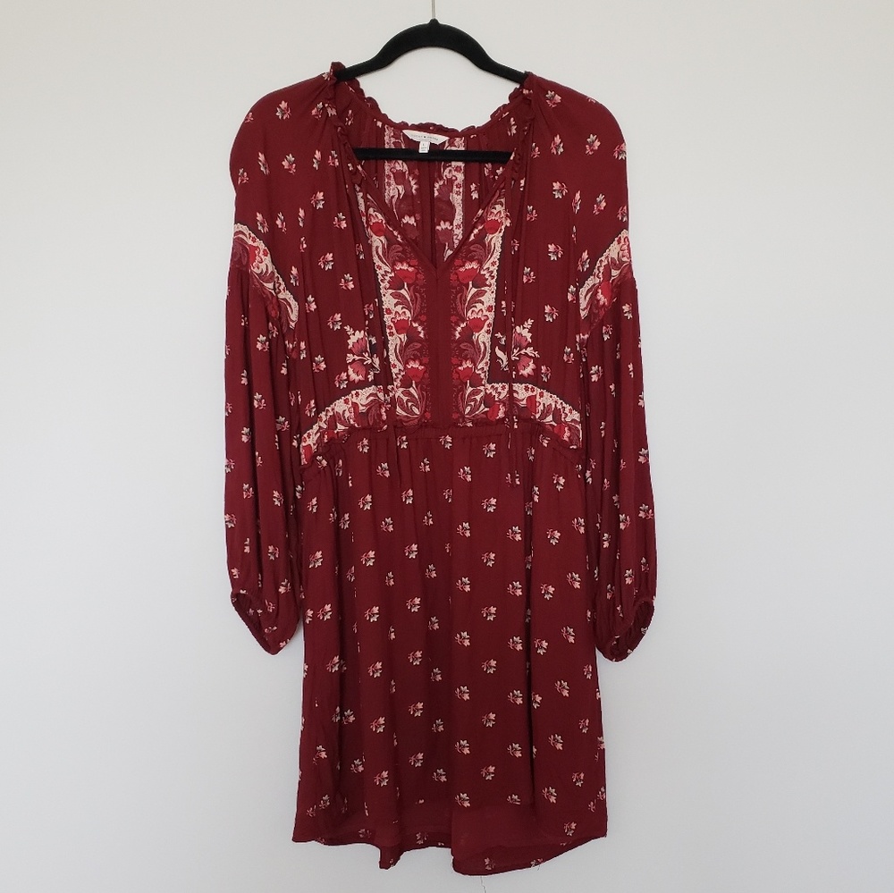 Burgandy Peasant Style Floral Dress